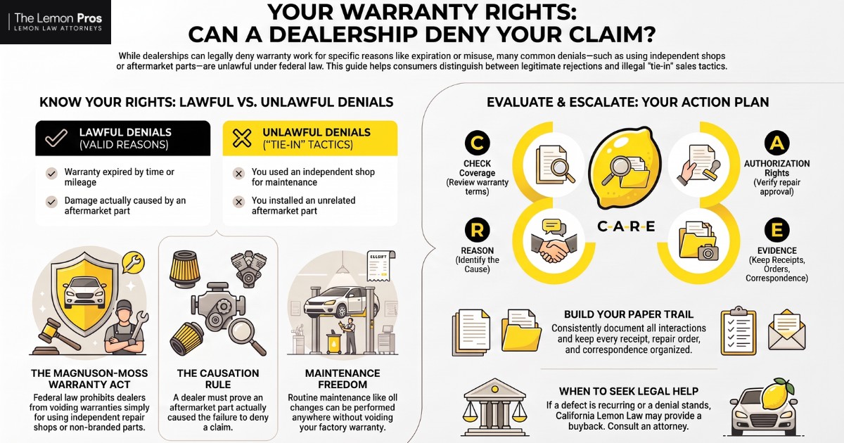 Your warranty rights: can a dealership deny your claim? Infographic on warranty rights: lawful denials such as an expired warranty or damage actually caused by an aftermarket part, unlawful tie-in denials such as using an independent shop or an unrelated aftermarket part, the Magnuson-Moss Warranty Act, the causation rule, maintenance freedom, the C-A-R-E action plan, building a paper trail, and when to seek legal help