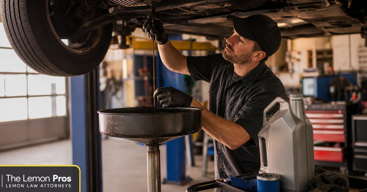 Routine maintenance at an independent shop does not void a factory warranty Mechanic in an independent repair shop draining engine oil from a car raised on a lift, with a jug of motor oil and a new filter on a cart
