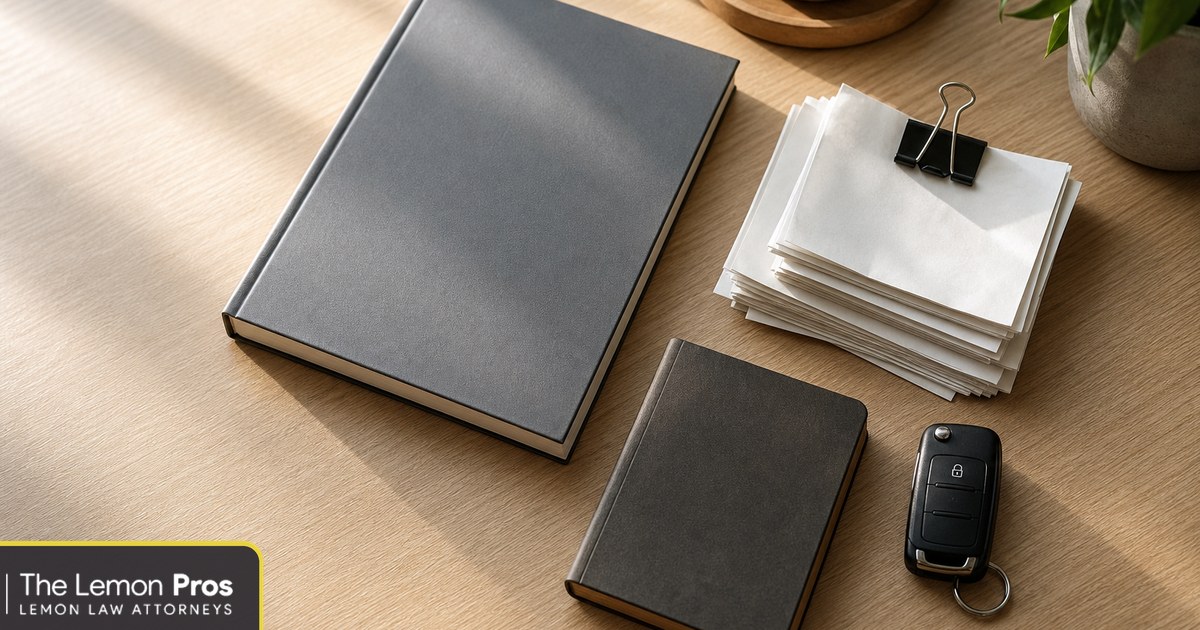Keep maintenance receipts together, sorted by date and mileage Owner's manual, a clipped stack of service receipts, a maintenance logbook and a car key fob laid out on a wooden table