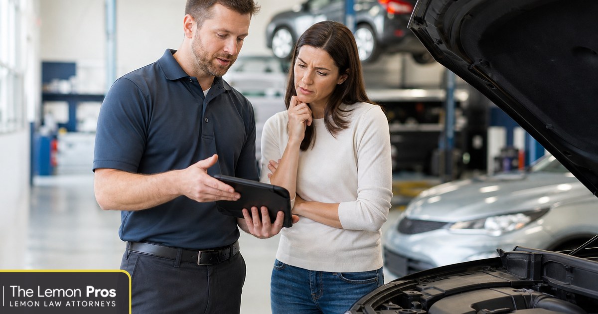 The service advisor's answer is not the final word on a warranty claim Dealership service advisor holding a tablet and explaining a repair decision to a car owner beside a car with its hood open