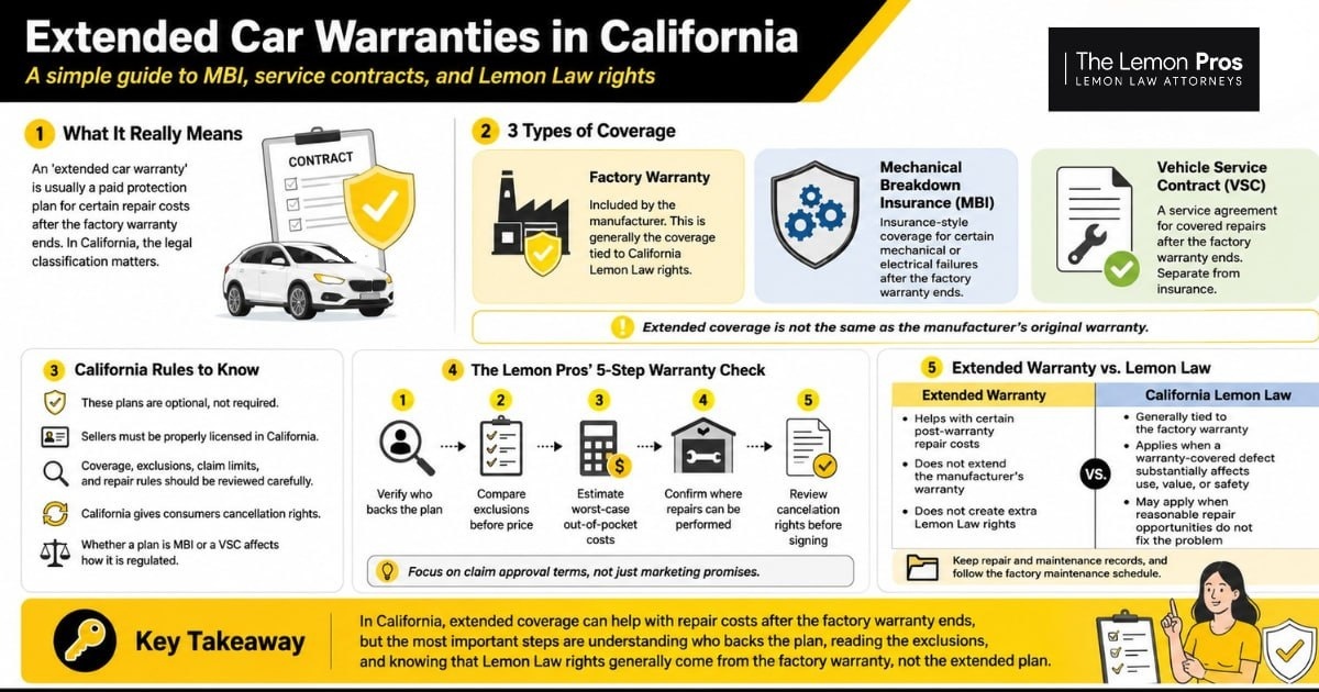 Extended car warranties in California, at a glance Infographic on extended car warranties in California: what the term really means, the three types of coverage, the state rules to know, a five-step warranty check, and how an extended warranty differs from a Lemon Law claim