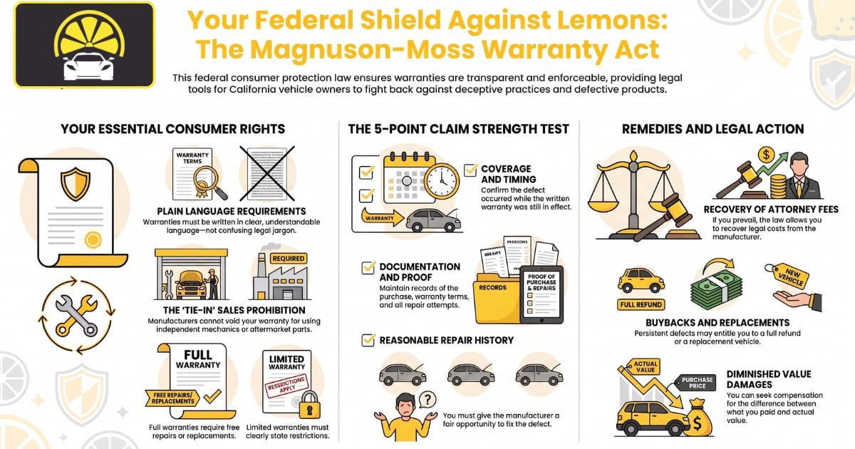 Your Federal Shield Against Lemons: The Magnuson-Moss Warranty Act Infographic on Magnuson-Moss Warranty Act consumer rights, claim strength test and legal remedies