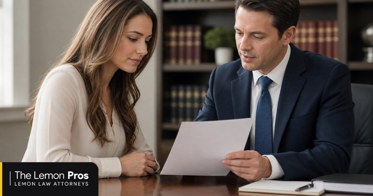 Who pays the attorney fees after a win An attorney and a client seated across a desk reviewing a fee agreement, law books behind them