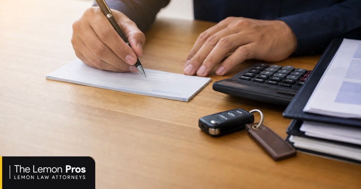 What a successful claim pays out Hands at a table with a bank check, a calculator and car keys beside a folder of documents