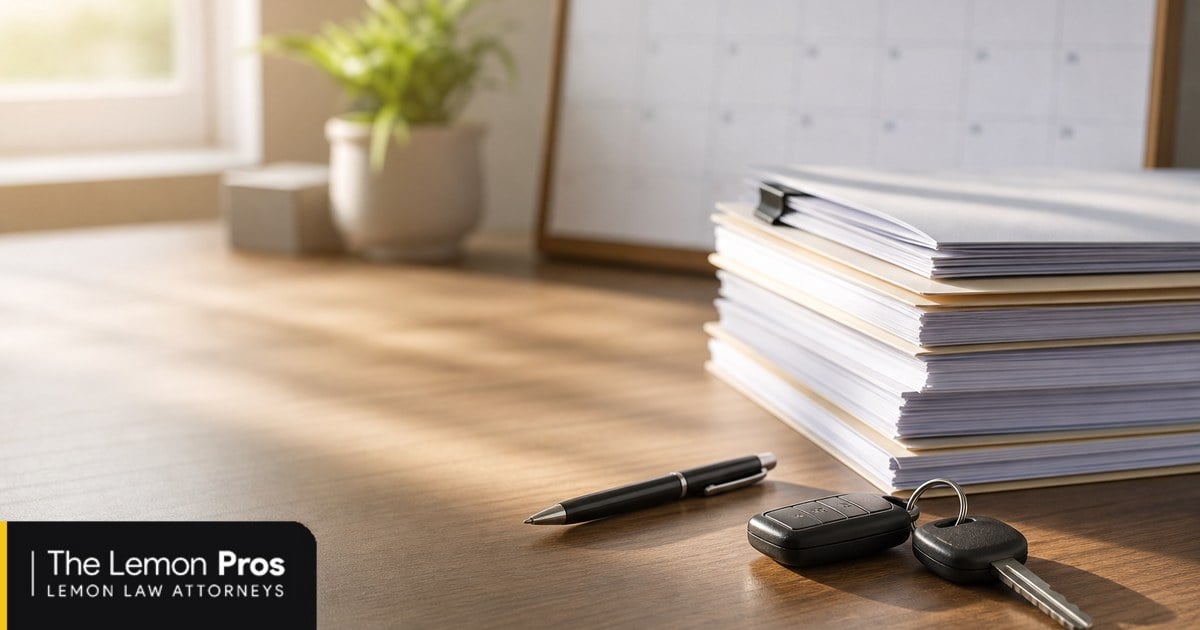How long the process takes after a win A desk with a stack of paperwork, a pen and a set of car keys in morning light, a calendar on the wall behind