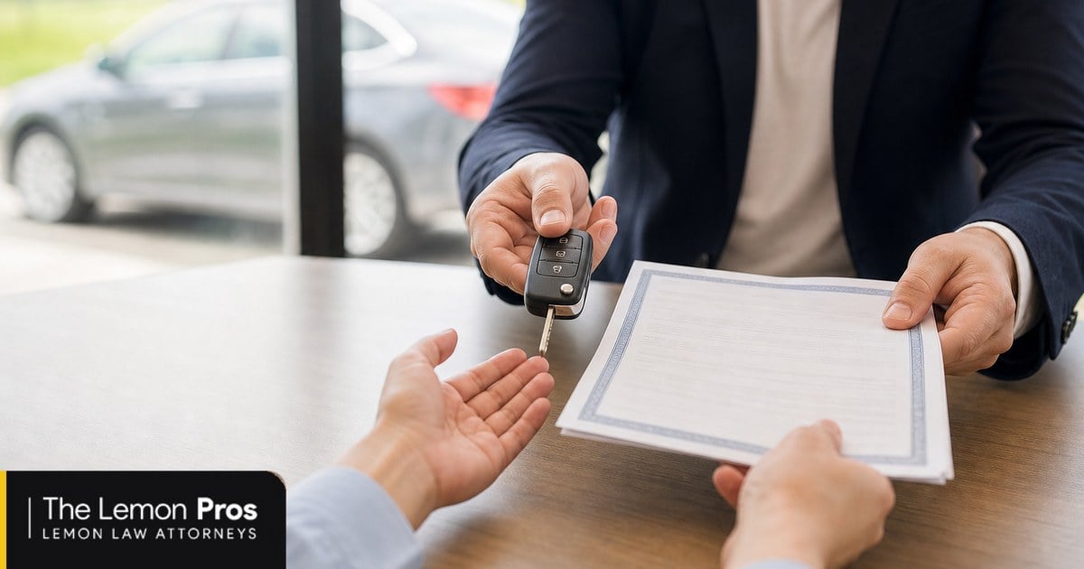Signing the vehicle back over to the manufacturer A person handing car keys and a vehicle title document across a desk to a representative