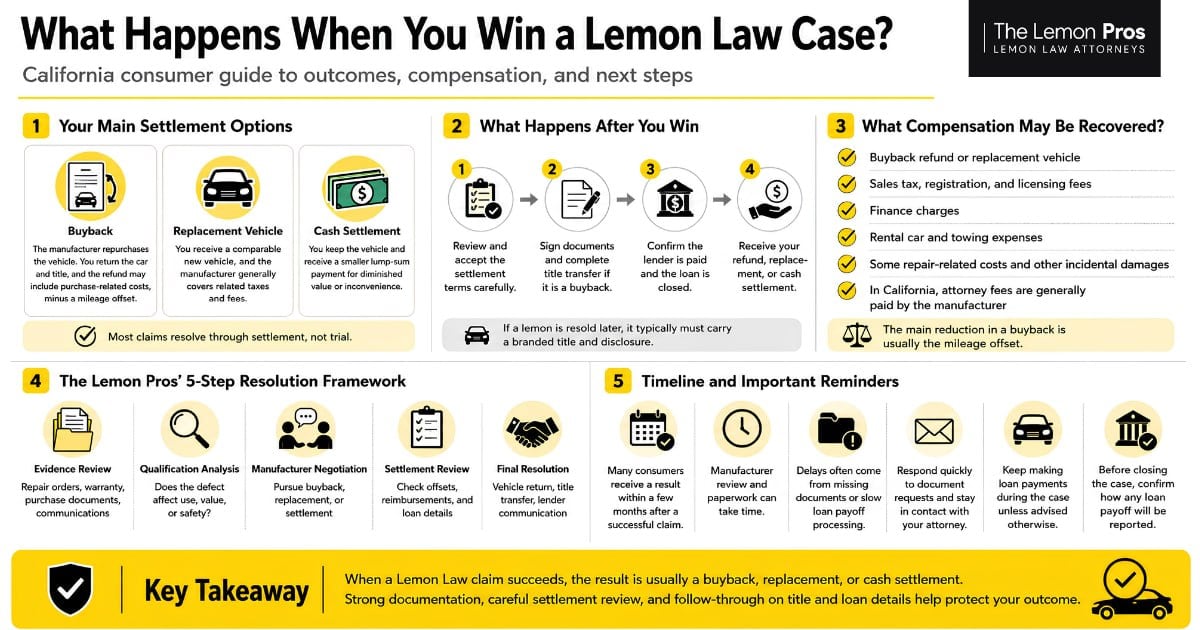What happens when you win a lemon law case, at a glance Infographic covering the three settlement options, what happens after a win, the compensation that may be recovered, The Lemon Pros' five-step resolution framework, and timeline reminders for consumers