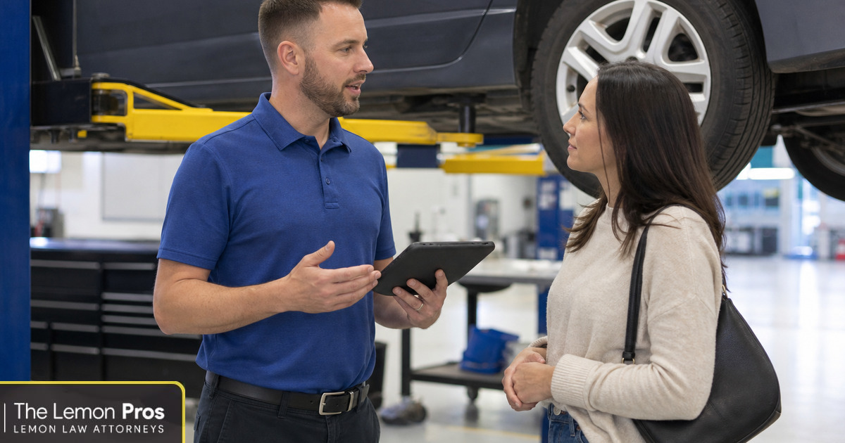 Recall repairs are administered inside the manufacturer’s dealer network Service advisor with a tablet speaking to a customer beside a car in a dealership service department