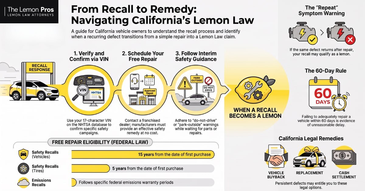From recall to remedy: when a California recall becomes a lemon law claim Infographic showing the recall process in California: verify the recall by VIN, schedule the free repair, follow interim safety guidance, the repeat symptom warning, the 60-day rule, free repair eligibility windows, and the California remedies of buyback, replacement and cash settlement