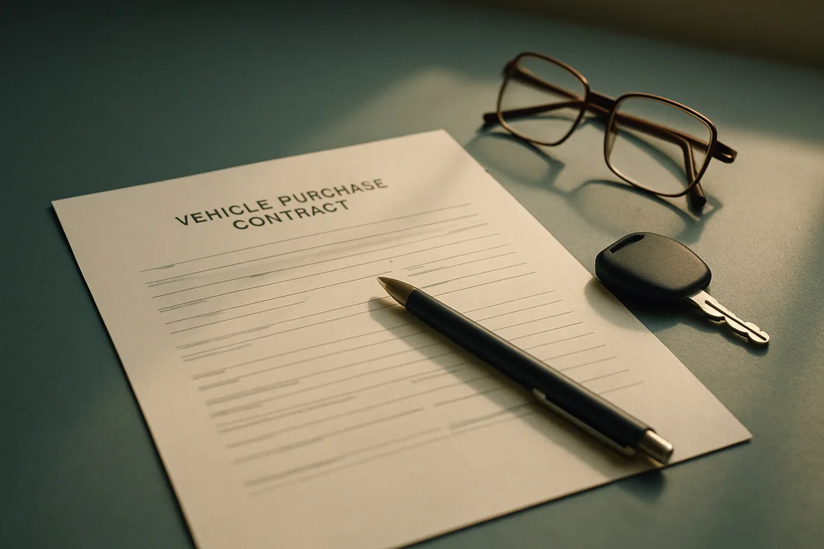 Vehicle purchase contract, a pen and car keys on a desk during a California auto fraud case review