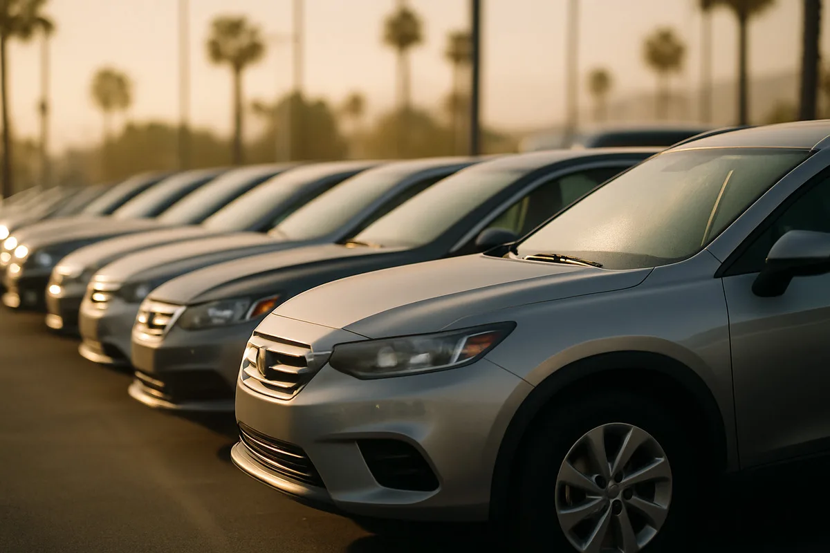 A row of used vehicles on a Southern California dealership lot in late afternoon light