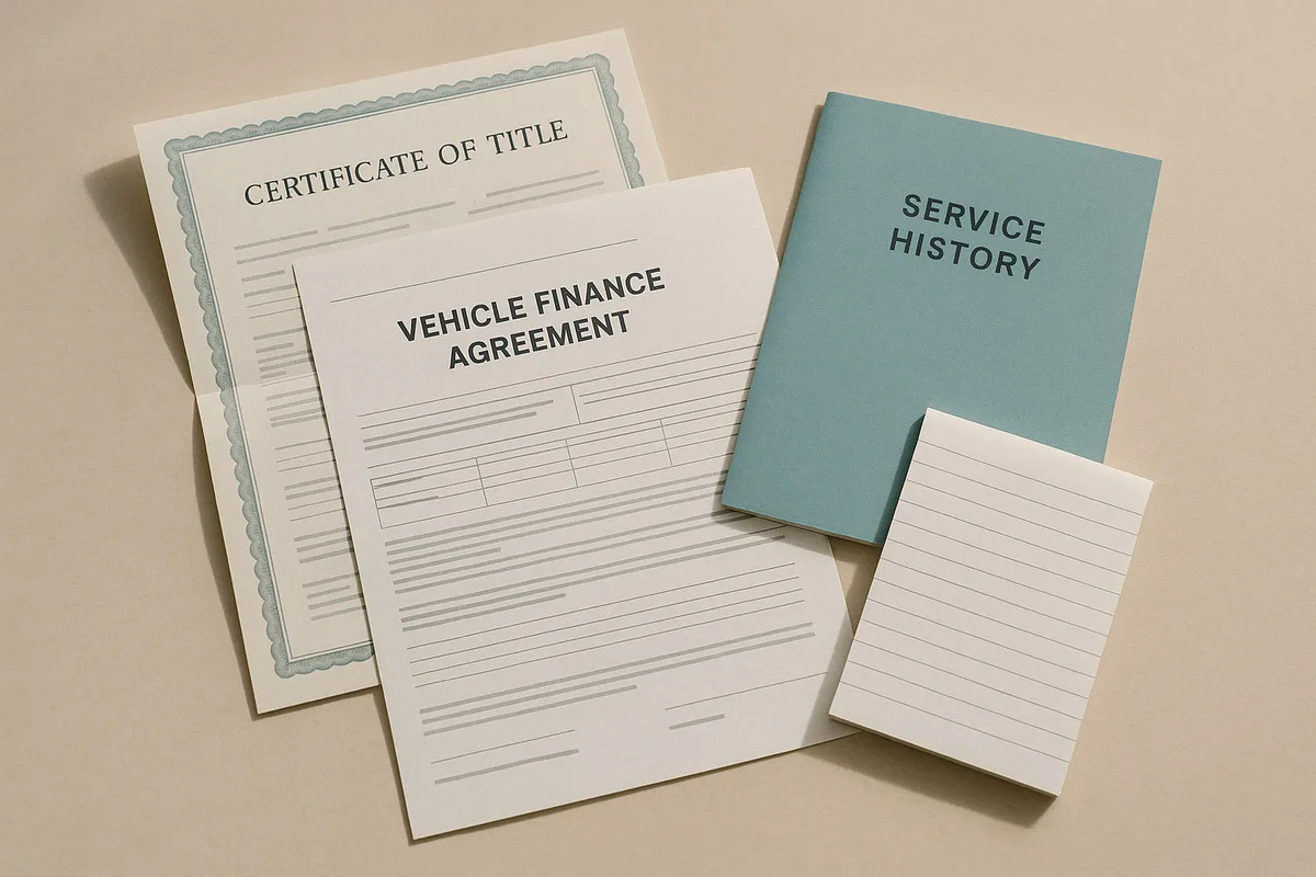 Certificate of title, vehicle finance agreement and service history booklet gathered for an auto fraud claim