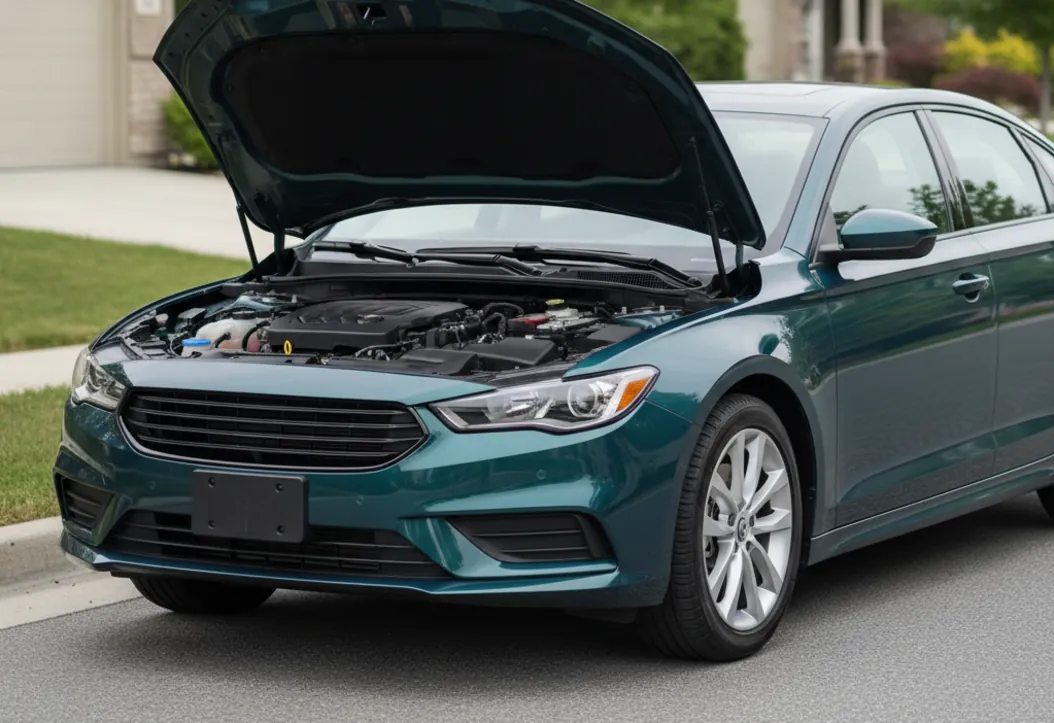 Teal sedan parked with its hood up, signaling a mechanical defect