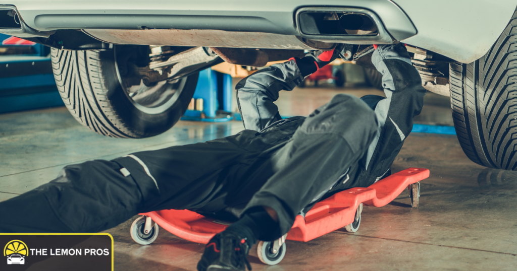 Automotive technician performing undercar repair as part of a GM warranty claim inspection.