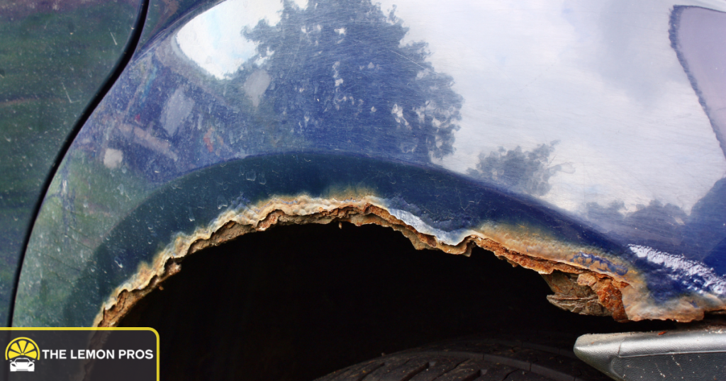 Severe rust-through damage on a vehicle fender showing corrosion perforation for warranty claims.