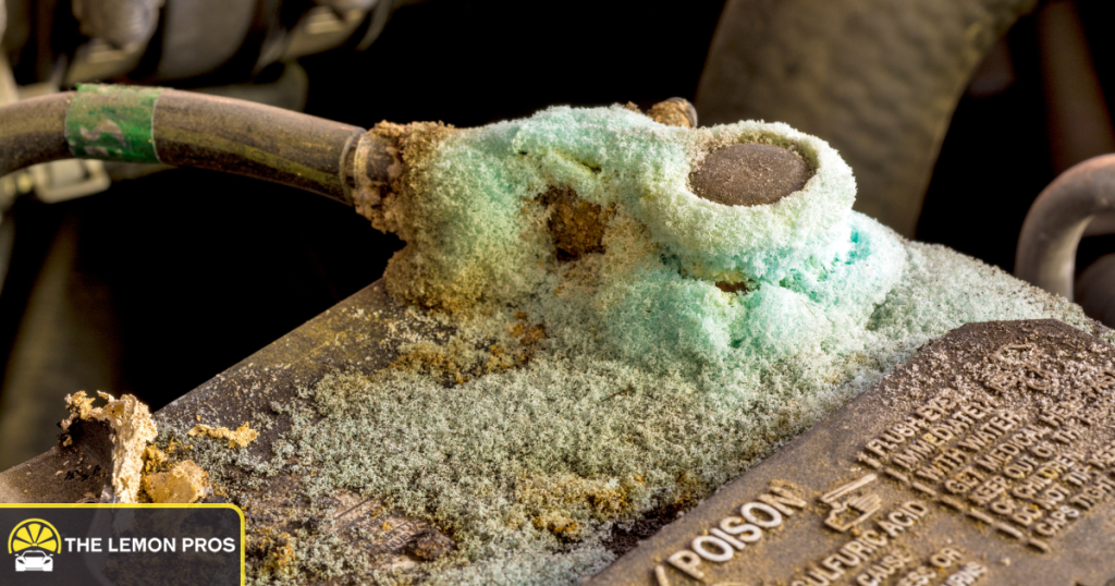 Corroded battery terminal demonstrating corrosion damage not covered under anti-perforation warranties.
